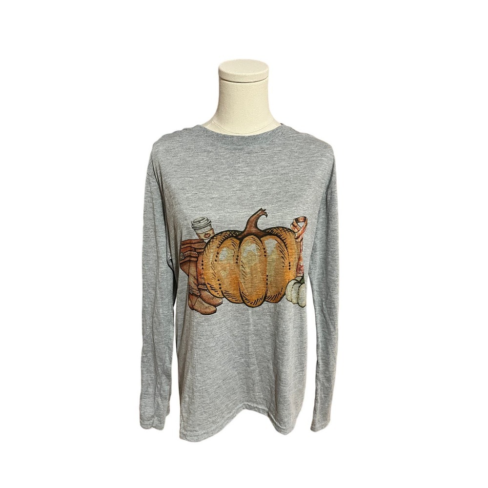 Pumpkin Halloween Fall Graphic Long-Sleeved Gray T-Shirt​